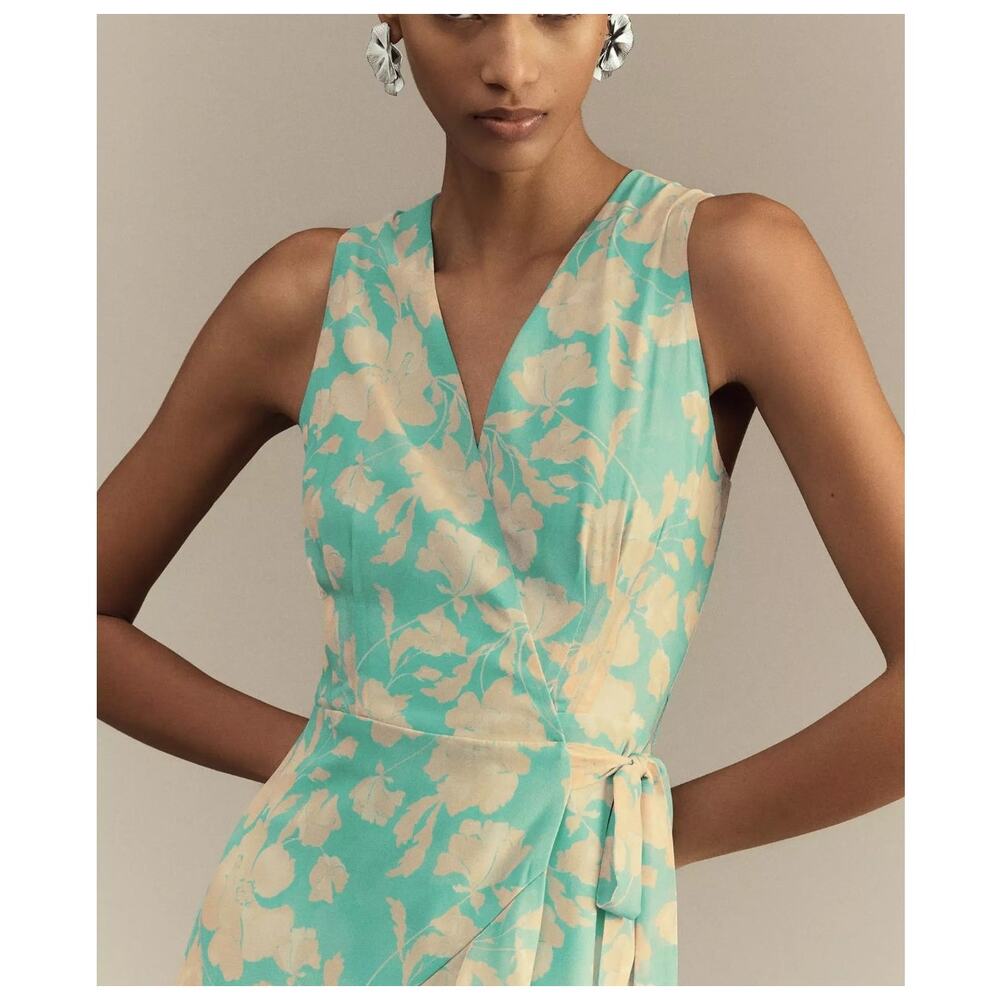 Hutch Trinity Ruffled Chiffon Wrap Maxi Dress Teal Floral Size Large NWT Wedding - Picture 3 of 14